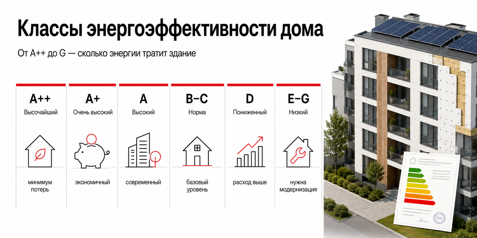 Инфографика: классы энергоэффективности жилого дома от A++ до G