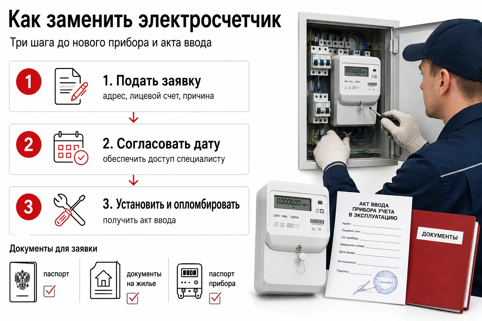 Инфографика: пошаговая замена электросчетчика в квартире