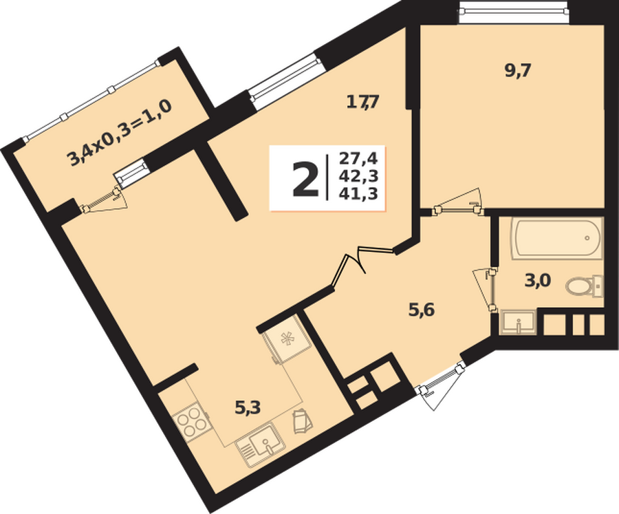 Планировка 2-комнатная, 42.3 м²