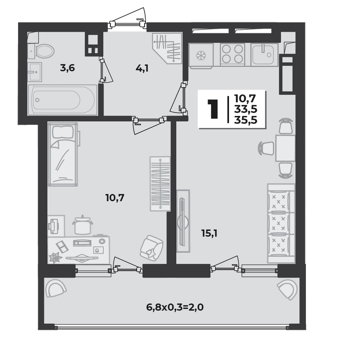 Планировка 1-комнатная, 35.5 м²