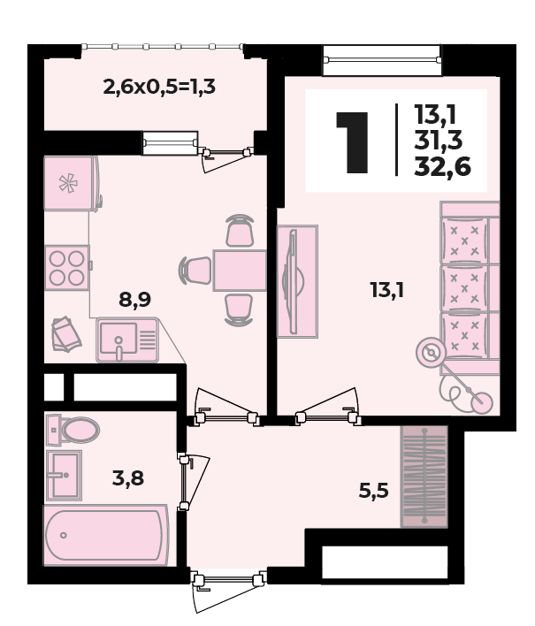 Планировка 1-комнатная, 32.6 м²
