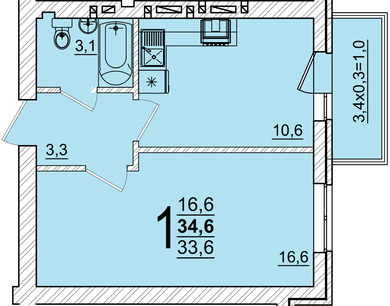 Планировка 1-комнатная, 34.7 м²