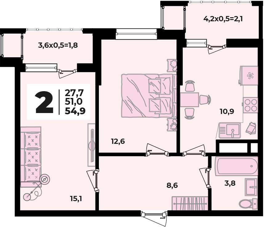 Планировка 2-комнатная, 54.9 м²