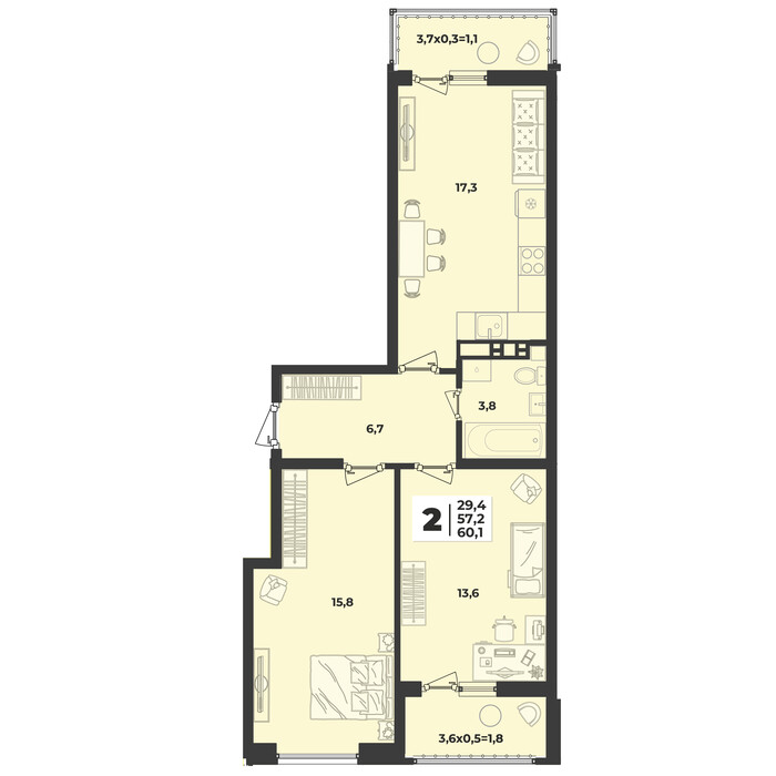 Планировка 2-комнатная, 60.1 м²