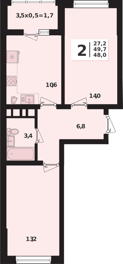 Планировка 2-комнатная, 49.7 м²