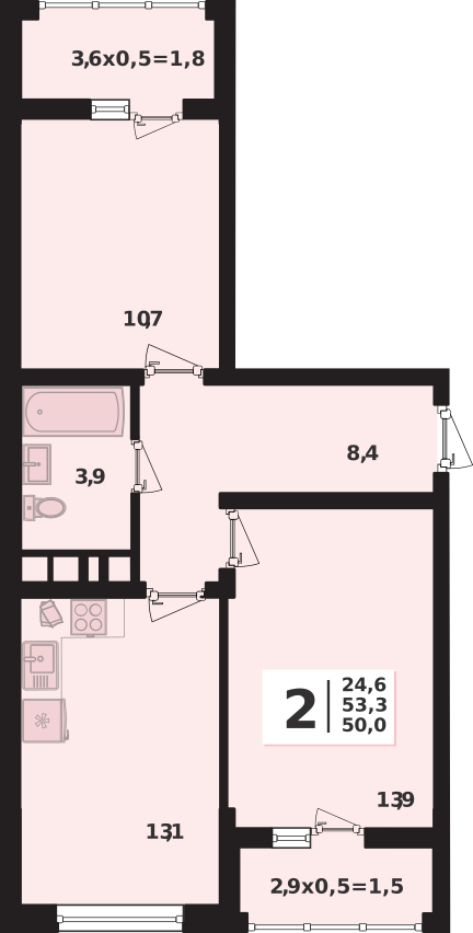 Планировка 2-комнатная, 53.3 м²