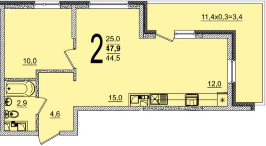 Планировка 2-комнатная, 47.9 м²