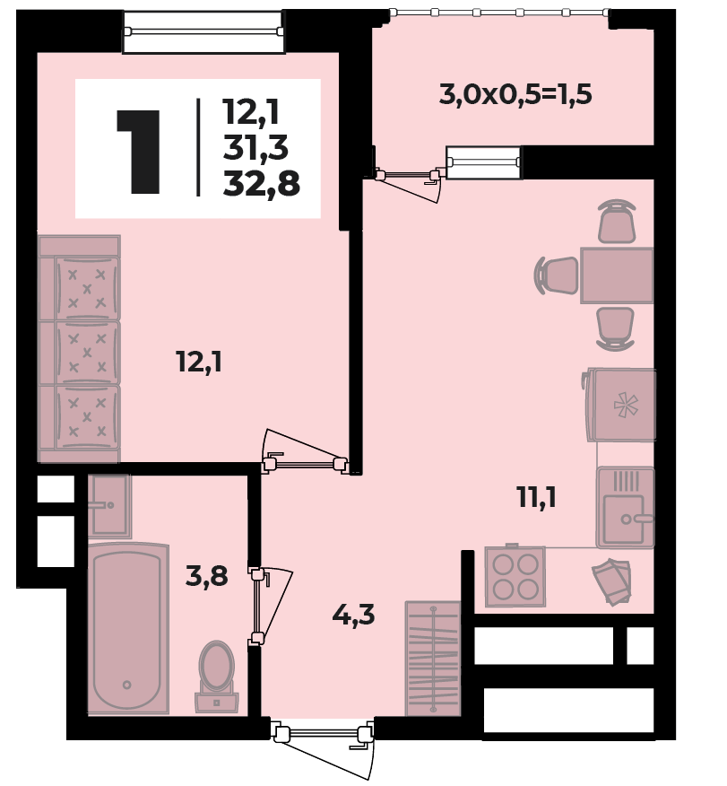 Планировка 1-комнатная, 32.8 м²