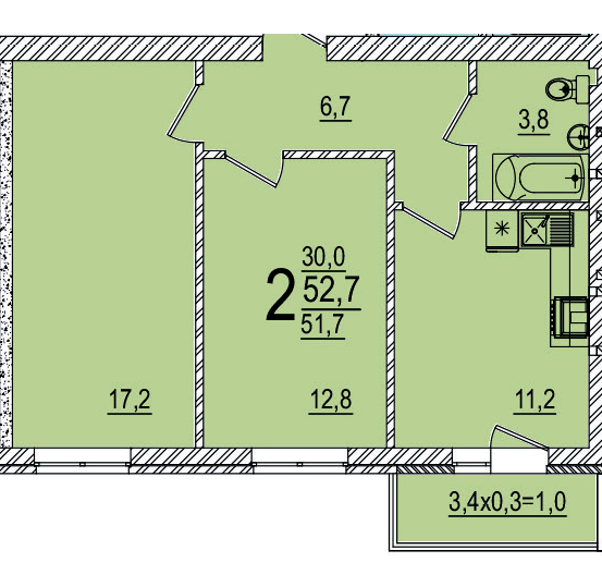 Планировка 2-комнатная, 52.7 м²