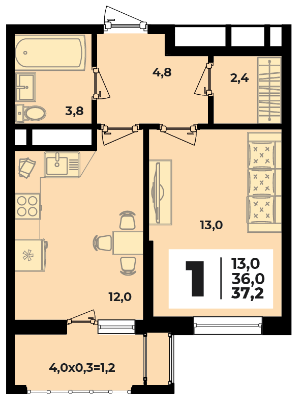 Планировка 1-комнатная, 37.2 м²