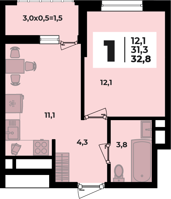 Планировка 1-комнатная, 32.8 м²