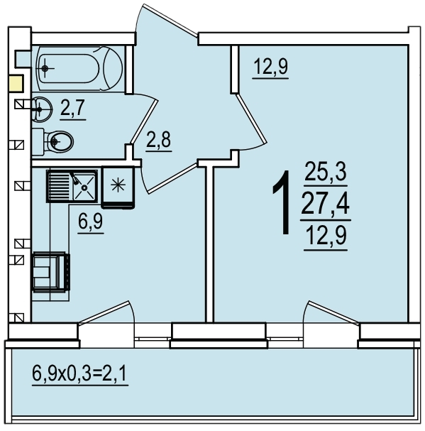 Планировка 1-комнатная, 27.4 м²