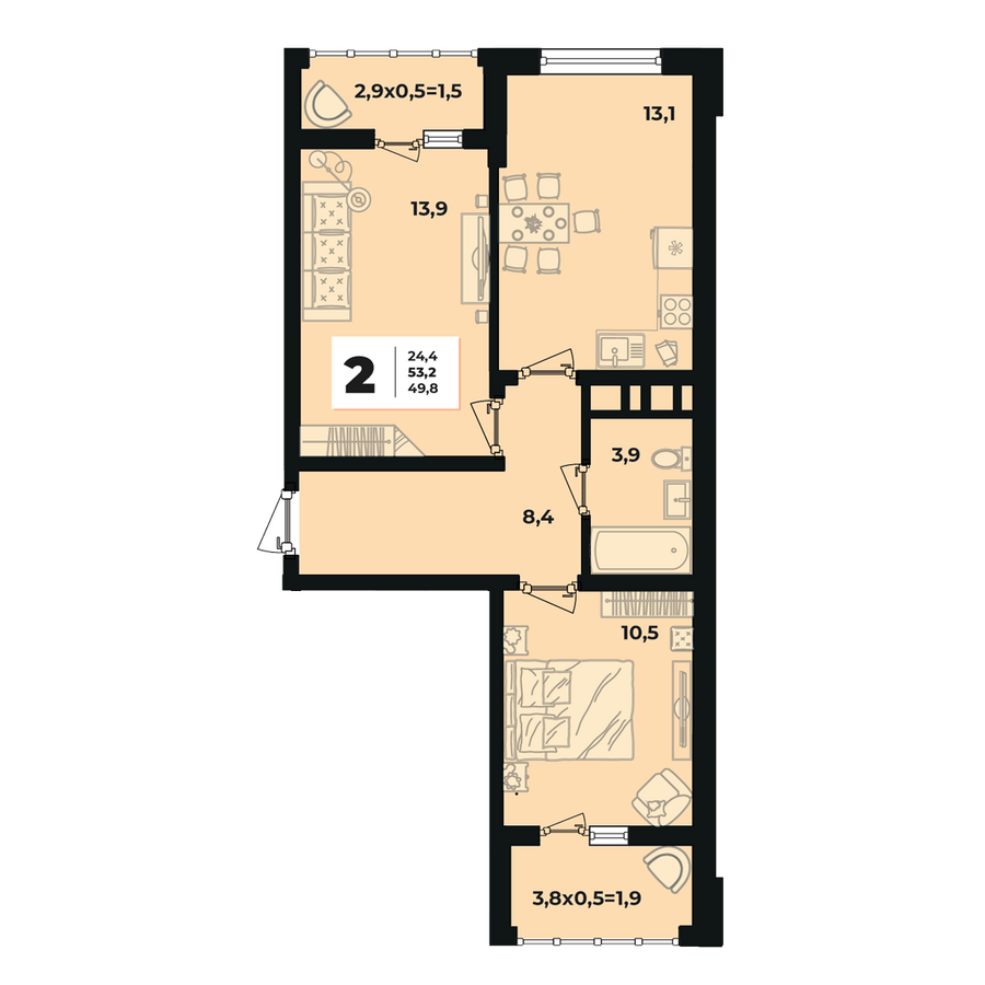 Планировка 2-комнатная, 53.2 м²