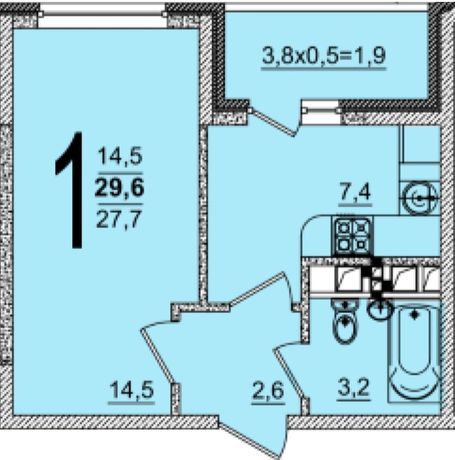 Планировка 1-комнатная, 29.6 м²