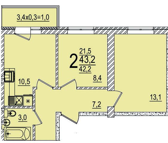 Планировка 2-комнатная, 43.2 м²