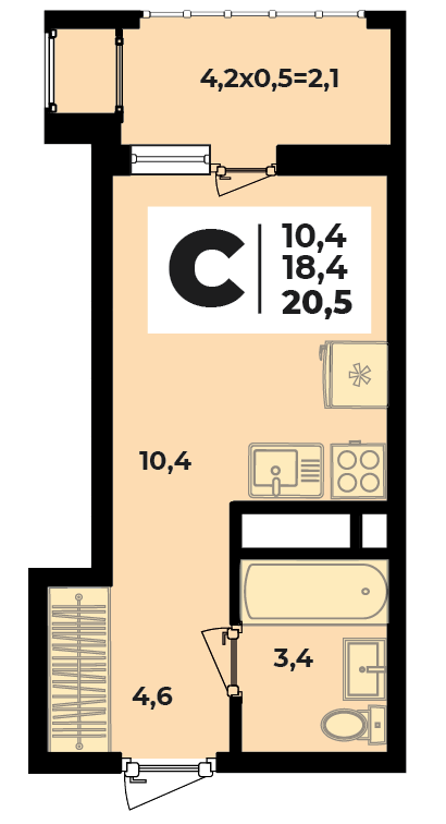 Планировка Студия, 20.5 м²