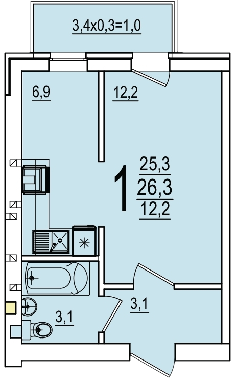 Планировка 1-комнатная, 26.3 м²