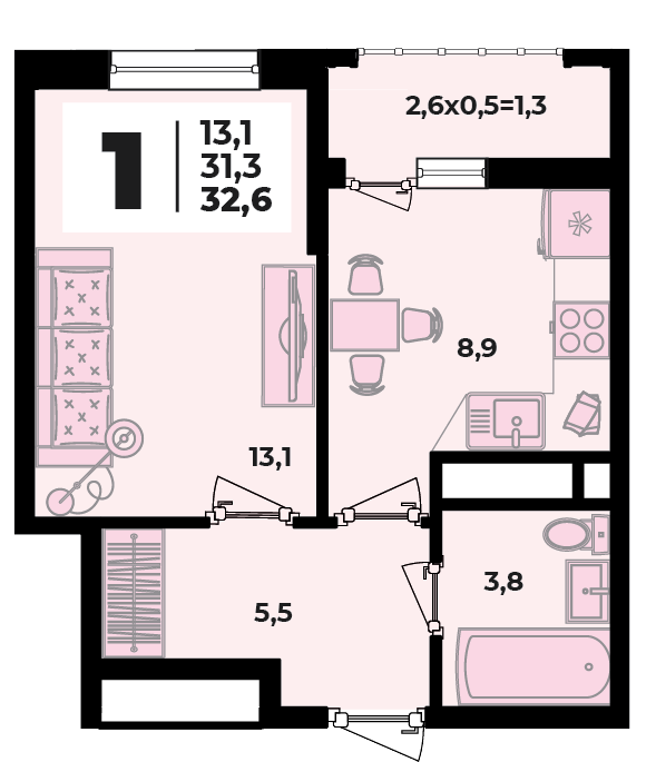 Планировка 1-комнатная, 32.6 м²