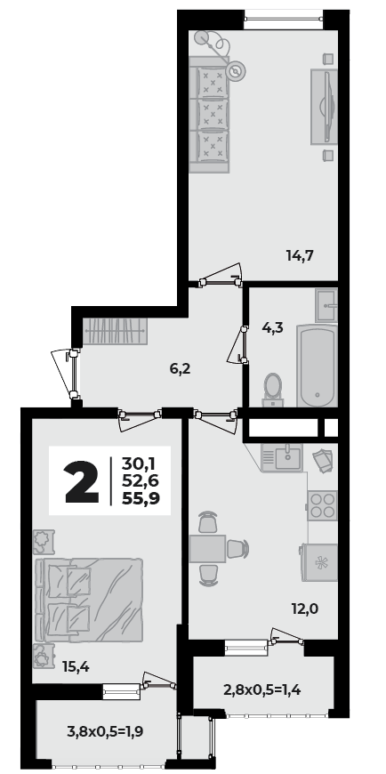 Планировка 2-комнатная, 55.9 м²