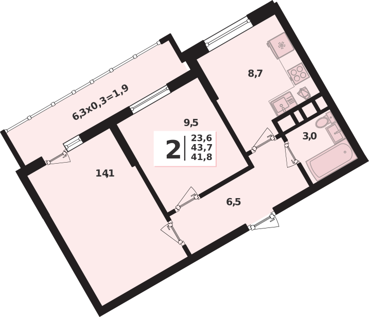 Планировка 2-комнатная, 43.7 м²