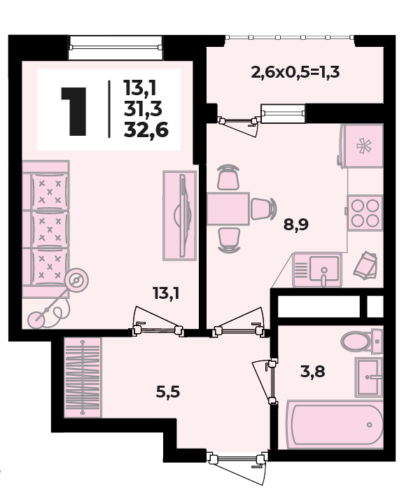 Планировка 1-комнатная, 32.6 м²