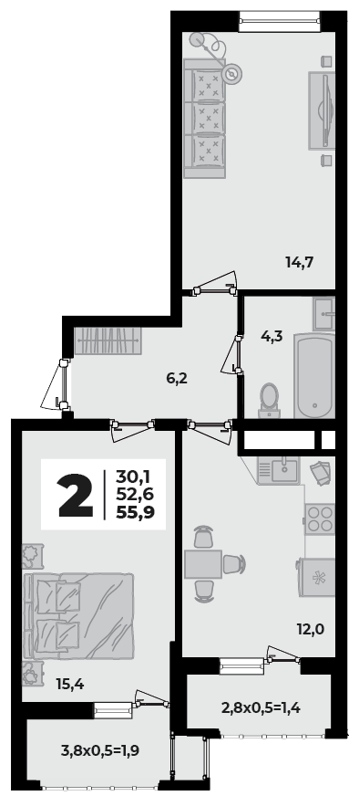 Планировка 2-комнатная, 55.9 м²
