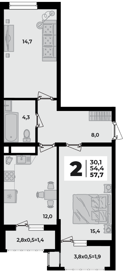 Планировка 2-комнатная, 57.7 м²