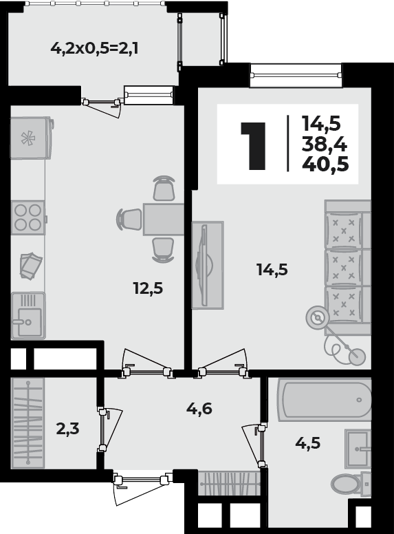 Планировка 1-комнатная, 40.5 м²