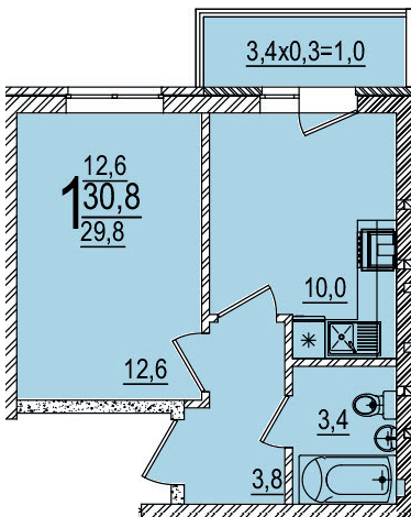 Планировка 1-комнатная, 30.8 м²