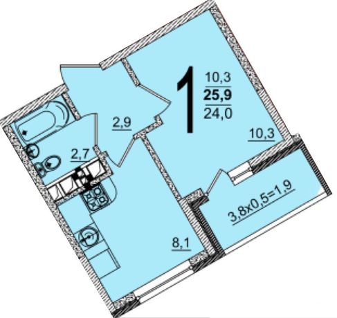 Планировка 1-комнатная, 25.9 м²
