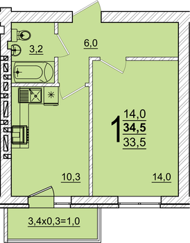 Планировка 1-комнатная, 34.5 м²