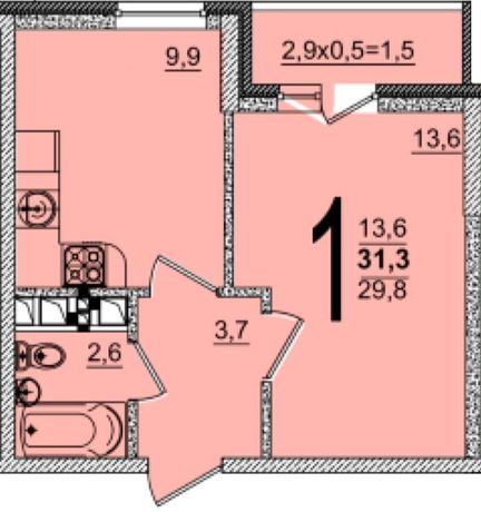 Планировка 1-комнатная, 31.3 м²