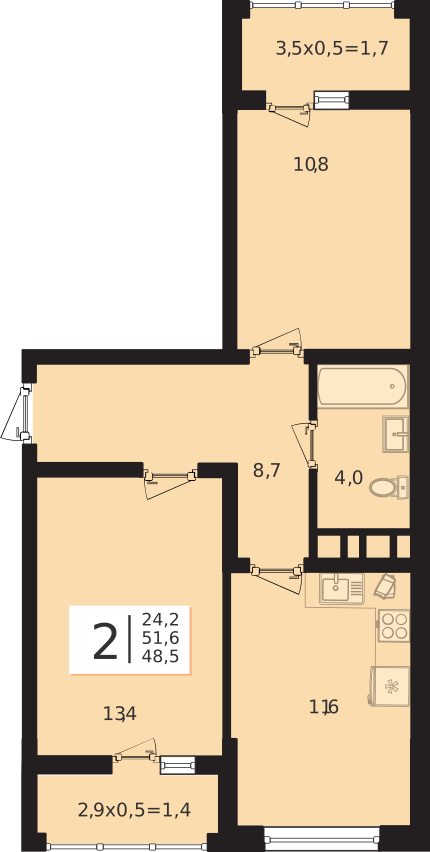 Планировка 2-комнатная, 51.6 м²