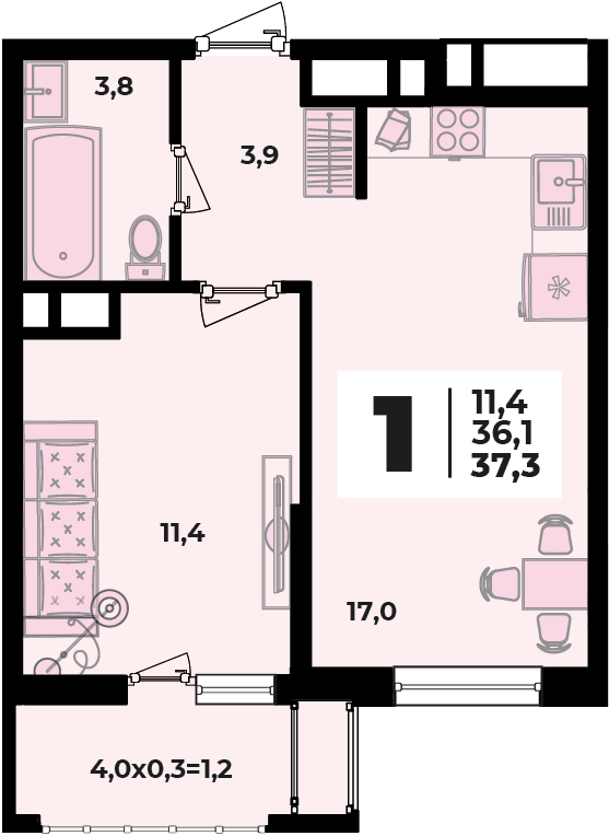 Планировка 1-комнатная, 37.3 м²