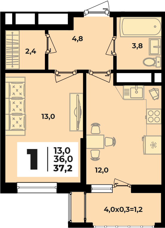 Планировка 1-комнатная, 37.2 м²