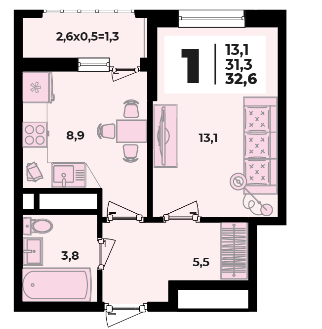 Планировка 1-комнатная, 32.6 м²