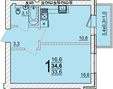 Планировка 1-комнатная, 34.6 м²