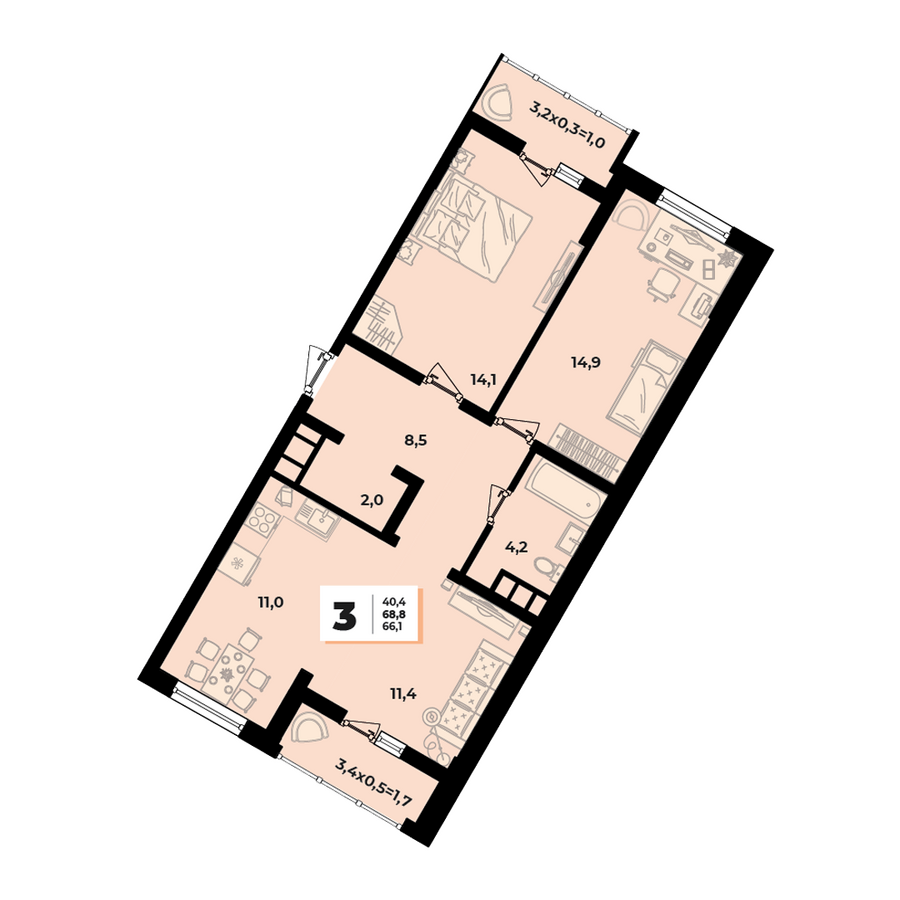 Планировка 3-комнатная, 68.8 м²