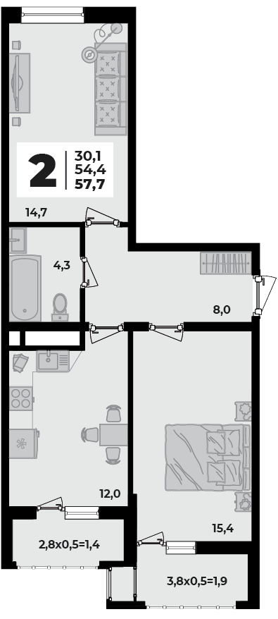 Планировка 2-комнатная, 57.7 м²