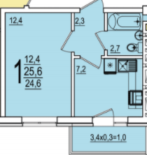 Планировка 1-комнатная, 25.6 м²
