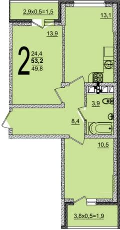 Планировка 2-комнатная, 53.2 м²