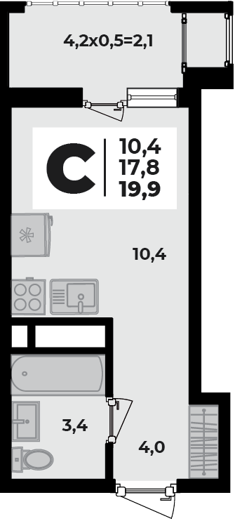 Планировка Студия, 19.9 м²