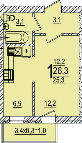 Планировка 1-комнатная, 26.3 м²