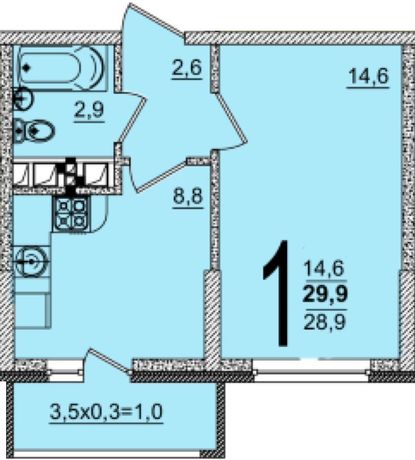 Планировка 1-комнатная, 29.9 м²