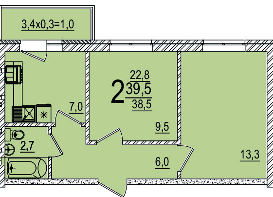 Планировка 2-комнатная, 39.5 м²