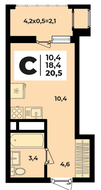 Планировка Студия, 20.5 м²