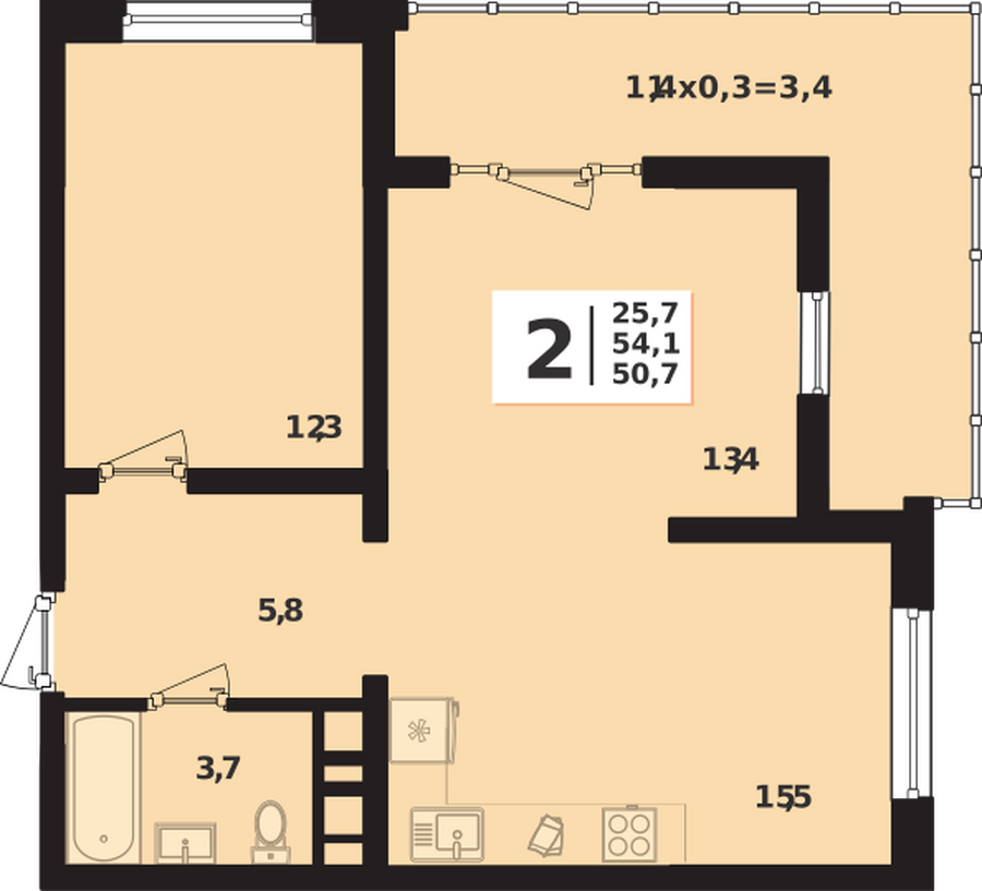 Планировка 2-комнатная, 54.1 м²