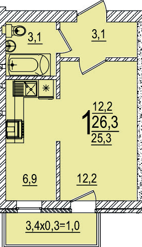 Планировка 1-комнатная, 26.1 м²