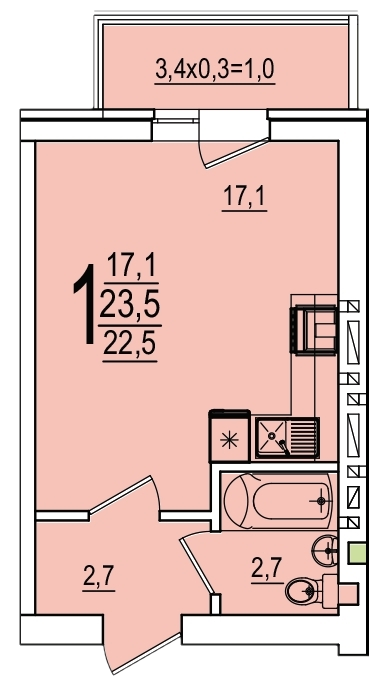 Планировка Студия, 23.3 м²