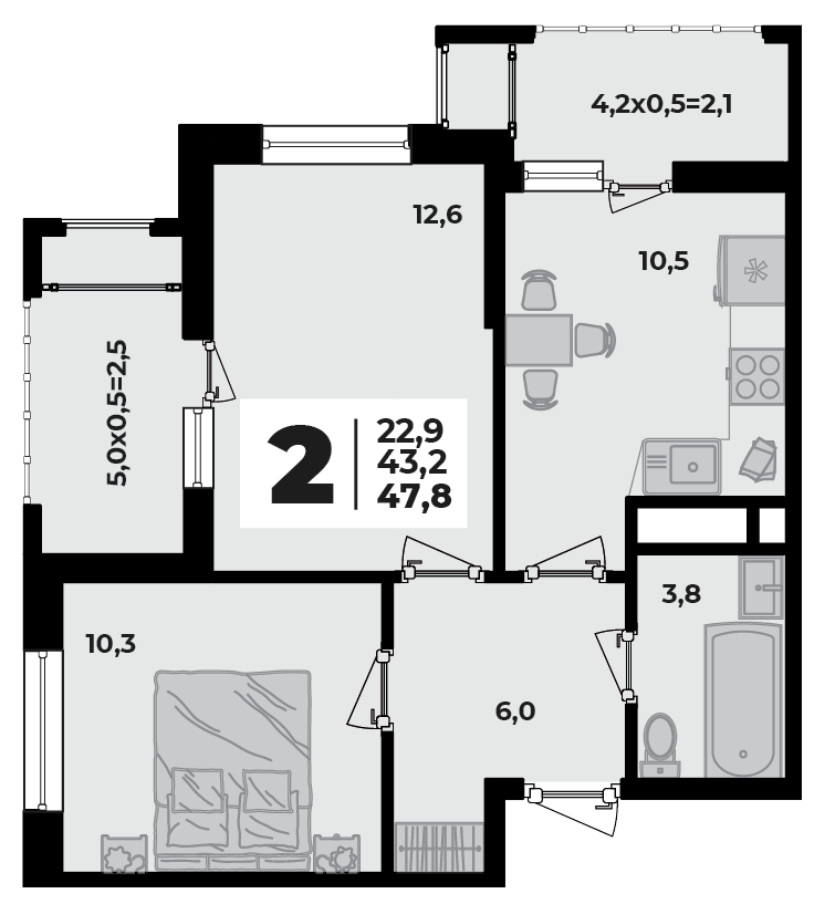 Планировка 2-комнатная, 47.8 м²